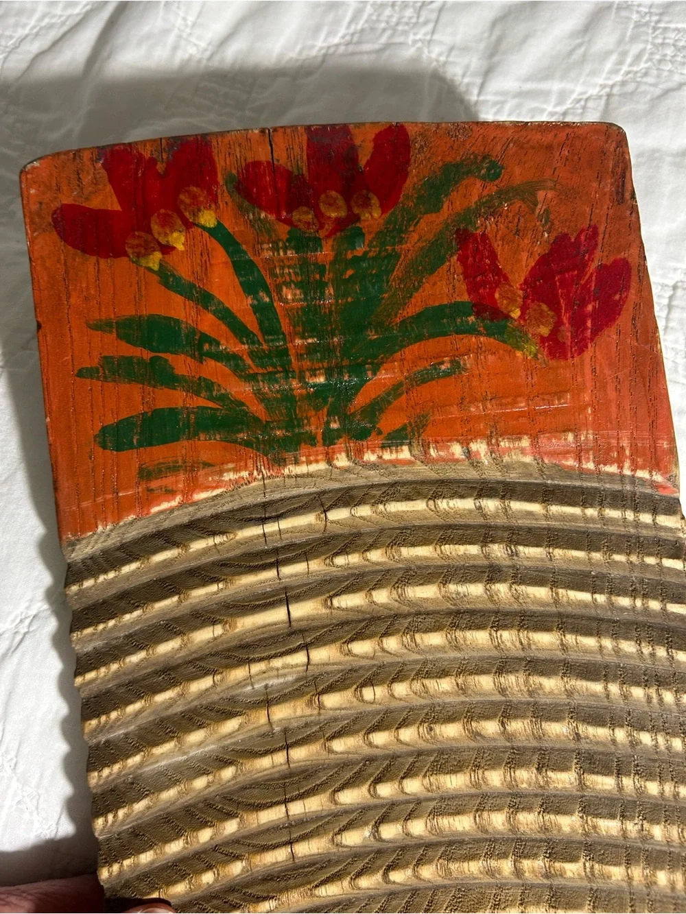 Vintage Hand Carved Chinese Wooden Washboard - Hand Painted Floral Folk Art